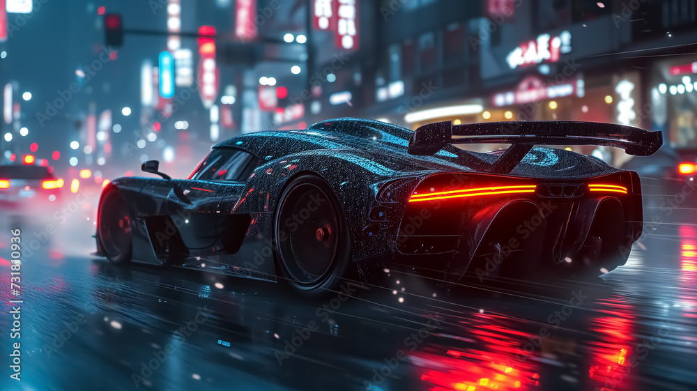 Fototapeta premium Long exposure of speeding super car in the middle of highway of huge city, night lights, car light trails and blurred lights, speed motion blur background, super fast car, modern transport, luxury 