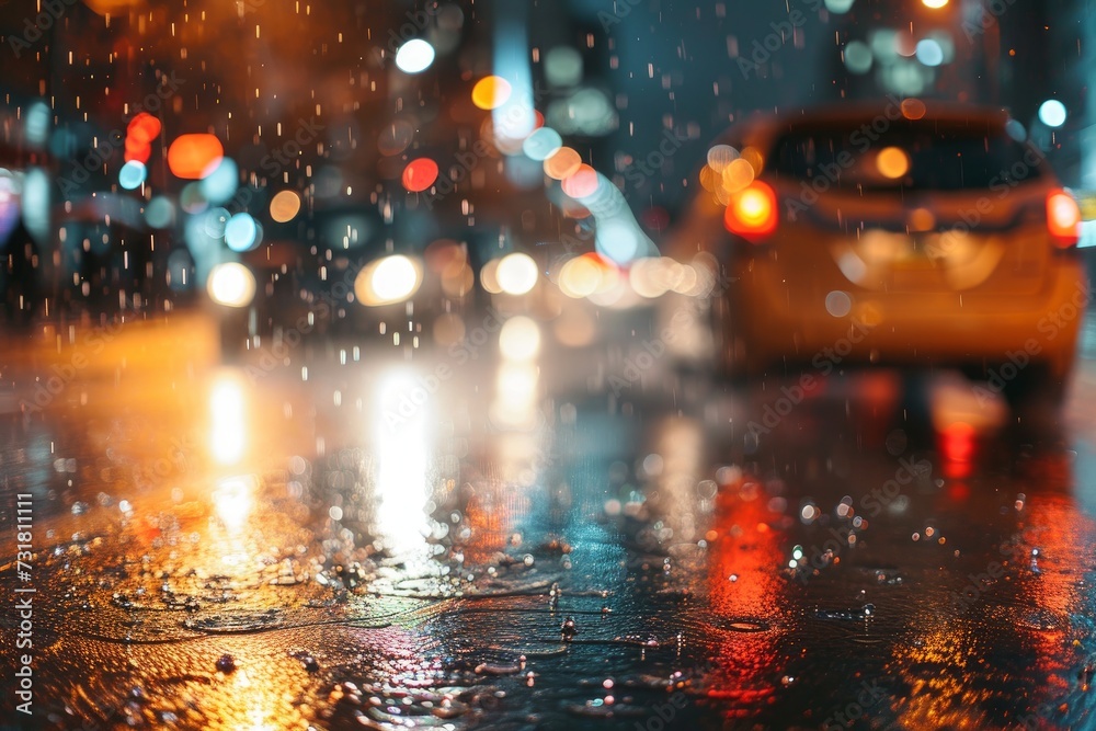 Rainy urban blurred background, night city lights from car headlights and lanterns, cars driving on a wet road at night.