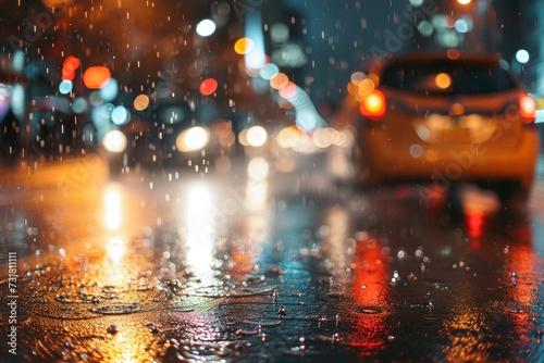 Rainy urban blurred background, night city lights from car headlights and lanterns, cars driving on a wet road at night.