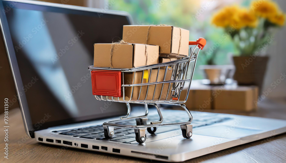 Online shopping concept with miniature shopping cart standing in front of laptop