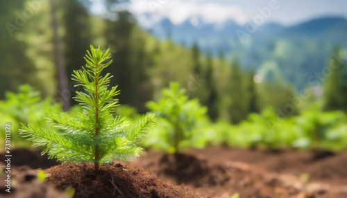 Planting new trees. planting new trees in an open area of a mountain. conifer trees © netsay