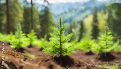 Planting new trees. planting new trees in an open area of a mountain. conifer trees