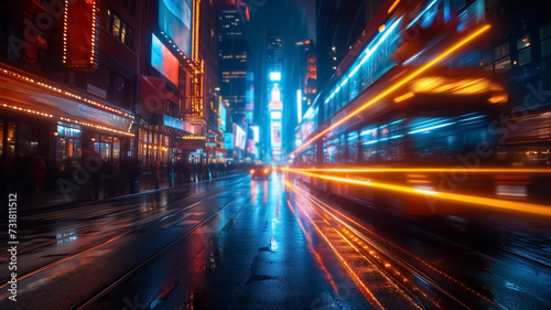 Long exposure of city cars and traffic, in the middle of highway of huge city with skyscrapers. Blue and yellow light trails and blurred lights speed motion blur background, night drive, city traffic