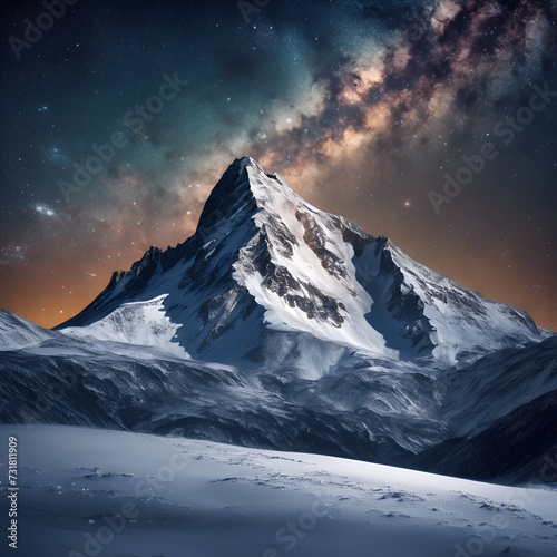 Snowy mountain peak under starry galaxy milky way © zhafran