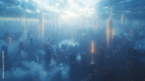 Huge megapolis with skyscrapers in fog. Foggy weather in the city, moody colors, city in fog, view from the above