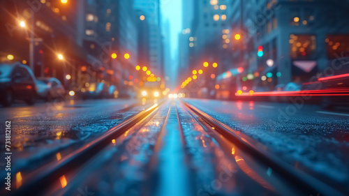 Long exposure of huge city, skyscrapers, cars and traffic. Blue and yellow light trails and blurred lights speed motion blur background, night drive, city life