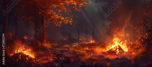 Dramatic forest fire scene engulfing trees at night. vivid flames, smoke, and destruction. environmental issue depiction. AI