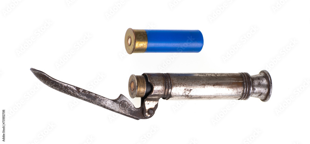 Reloading for firearm cartridges, Reloading cartridges isolated on white background Reloading for firearm cartridges, Reloading cartridges isolated on white background