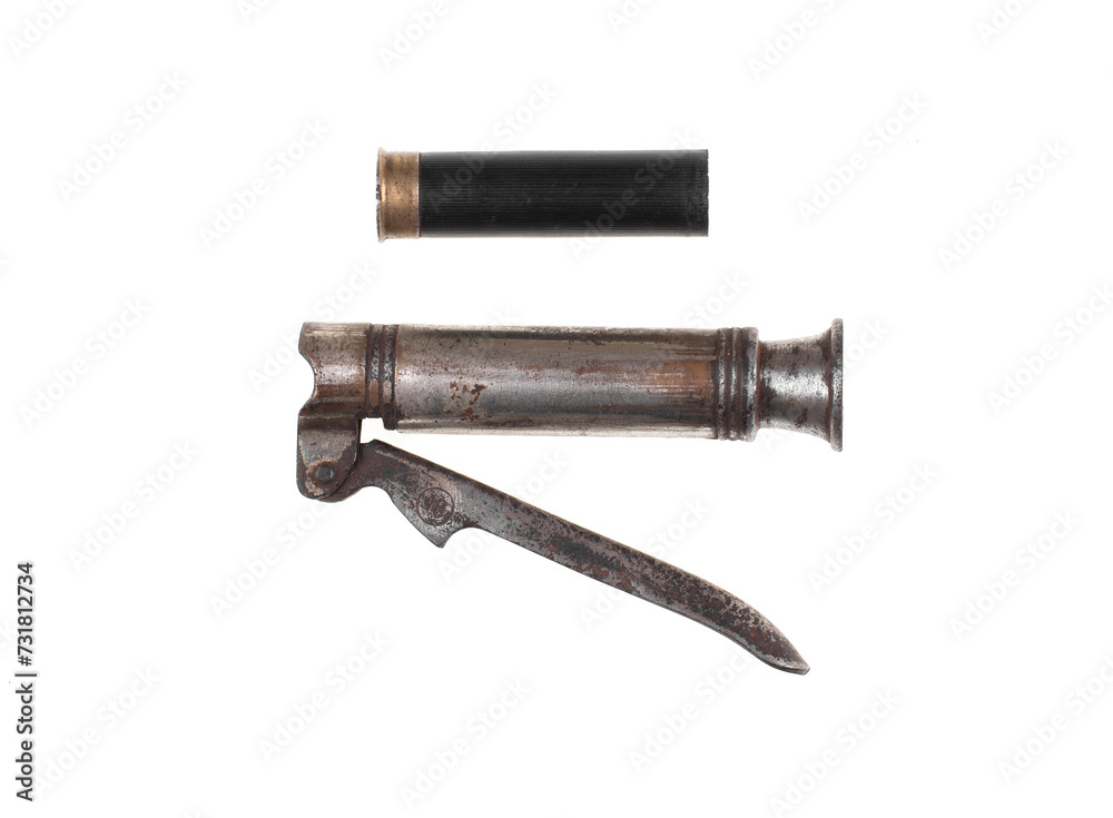 Reloading for firearm cartridges, Reloading cartridges isolated on white background Reloading for firearm cartridges, Reloading cartridges isolated on white background