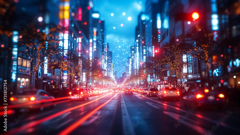 Long exposure of city cars and traffic, in the middle of highway of huge city with skyscrapers. Blue and yellow light trails and blurred lights speed motion blur background, night drive, city traffic