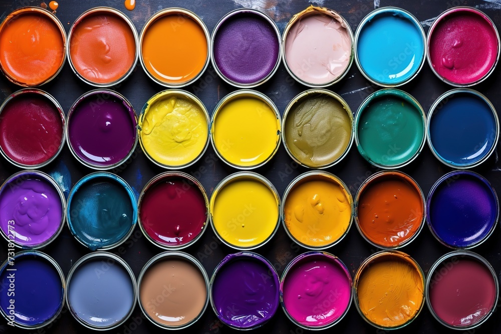 Top view of colorful paint cans Top view of colorful paint cans