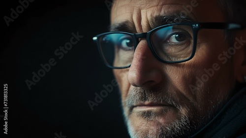 Close-up portrait of a mature man with glasses looking thoughtfully into the distance. professional, contemplative, dark background. AI