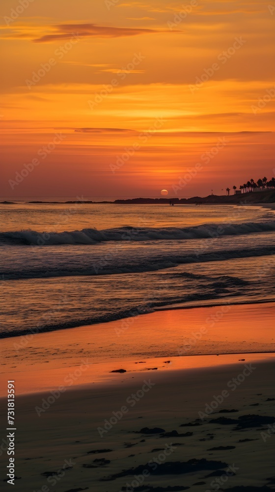 Vertical shot of a beach with the sun setting over the horizon, reflecting off of the tranquil water