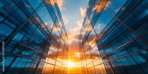Contemporary Glass Office Building Against Captivating Sunset Backdrop. Сoncept Landscape Photography, Urban Architecture, Sunset Silhouettes, Dramatic Skylines