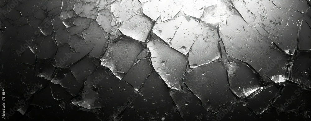 Black and white image of broken glass shards, reflecting a concept of fragility, destruction, or abstract art - obrazy, fototapety, plakaty 