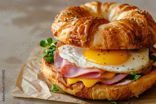 Heavenly Croissant Sandwich Complete With Ham, Cheese, And Sunny Fried Egg. Сoncept Delicious Brunch, Gourmet Sandwich, Mouthwatering Croissant, Savory Ingredients