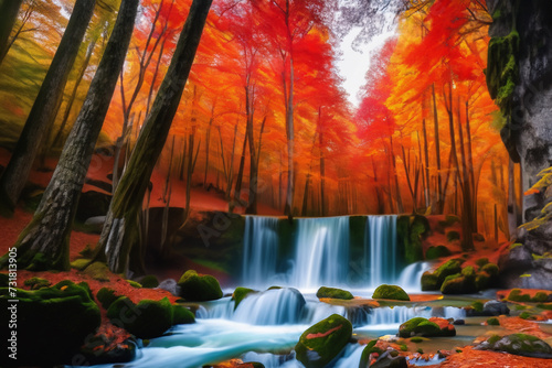 Autumn forest views and beautiful waterfalls