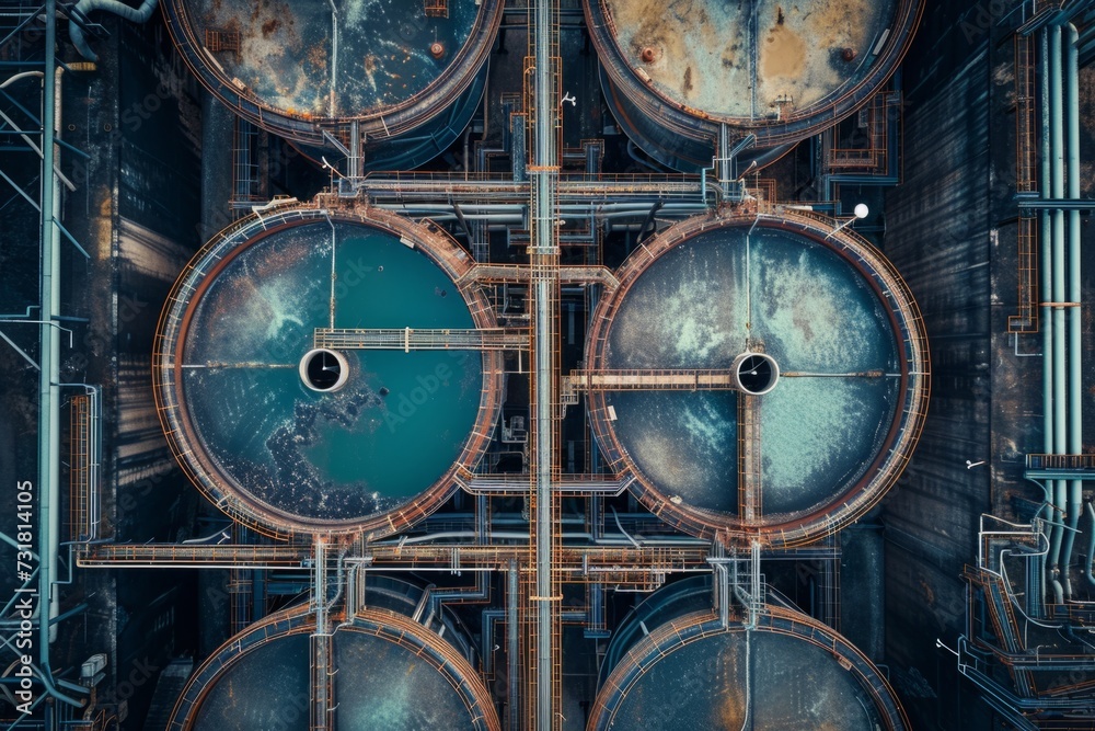 Aerial View Of Massive Cooling Tanks At Industrial Facility For Reactor Cooling. Сoncept Industrial Cooling Tanks, Reactor Cooling Systems, Aerial Photography, Massive Industrial Facilities