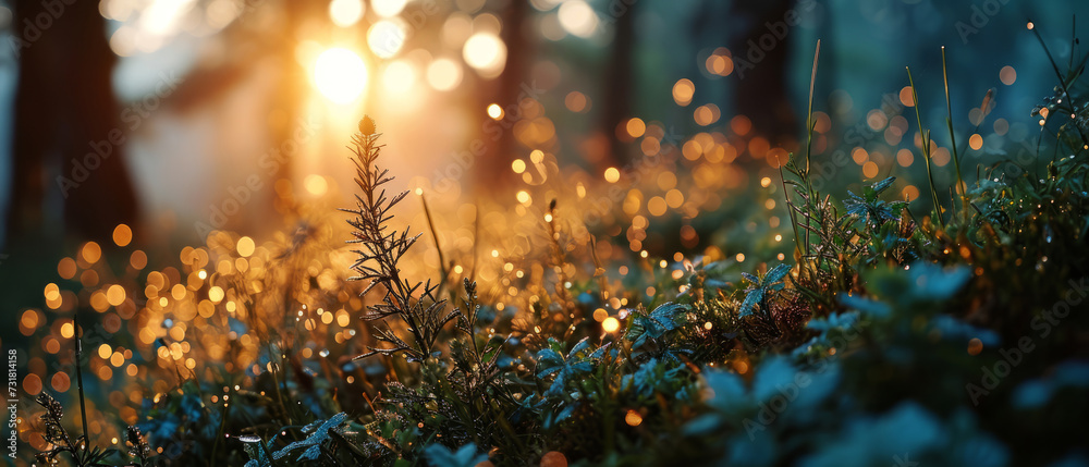 Sunset light streams through a forest, casting a golden glow on the dew-covered underbrush and creating a magical bokeh effect - obrazy, fototapety, plakaty 