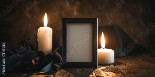 Candlelit Funeral Frame With Black Ribbon On Table Against Dark Backdrop. Сoncept Traditional Funeral Rituals, Candlelit Mourning, Mourning Decorations, Grieving In Darkness