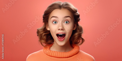 Portrait of teenage girl with a surprised facial expression. Isolated on red background.