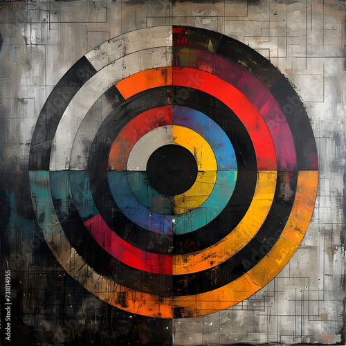 an abstract painting featuring a colorful spiral