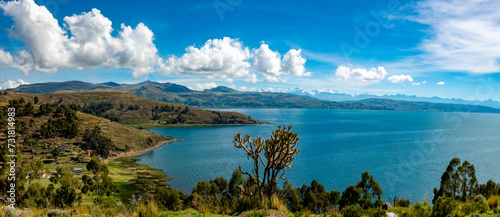 The shores of the Titicaca Lake with the mountains of the Cordillera Real in the background, Bolivia