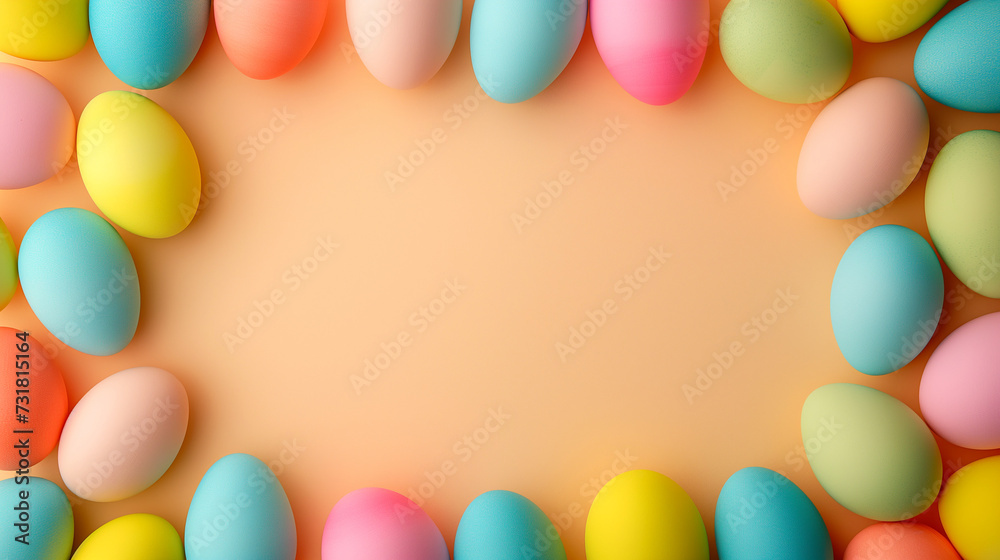Easter frame made of colorful easter eggs on a light orange background. Pastel colors. Minimal Easter background