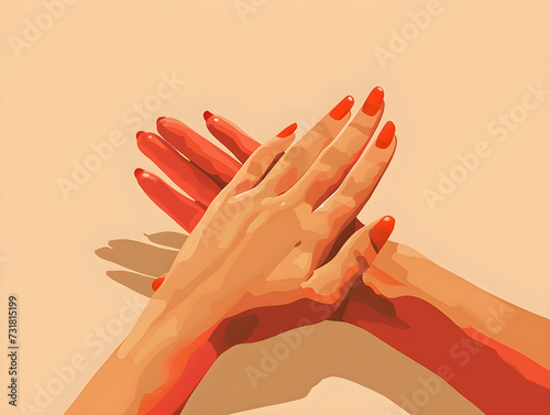 Close-Up of Intertwined Hands with Red Nail Polish on Pastel Background - Concept of Intimate Bond, Togetherness, Fashion and Self-Care