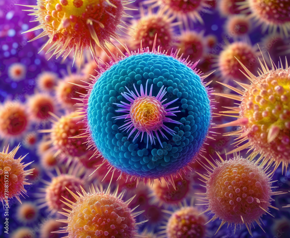 group of viruses cells surrounded by a purple background. The viruses are of varying sizes and are colored blue, yellow, and orange. Some of the viruses are surrounded by spiky red structures. group of viruses cells surrounded by a purple background. The viruses are of varying sizes and are colored blue, yellow, and orange. Some of the viruses are surrounded by spiky red structures.