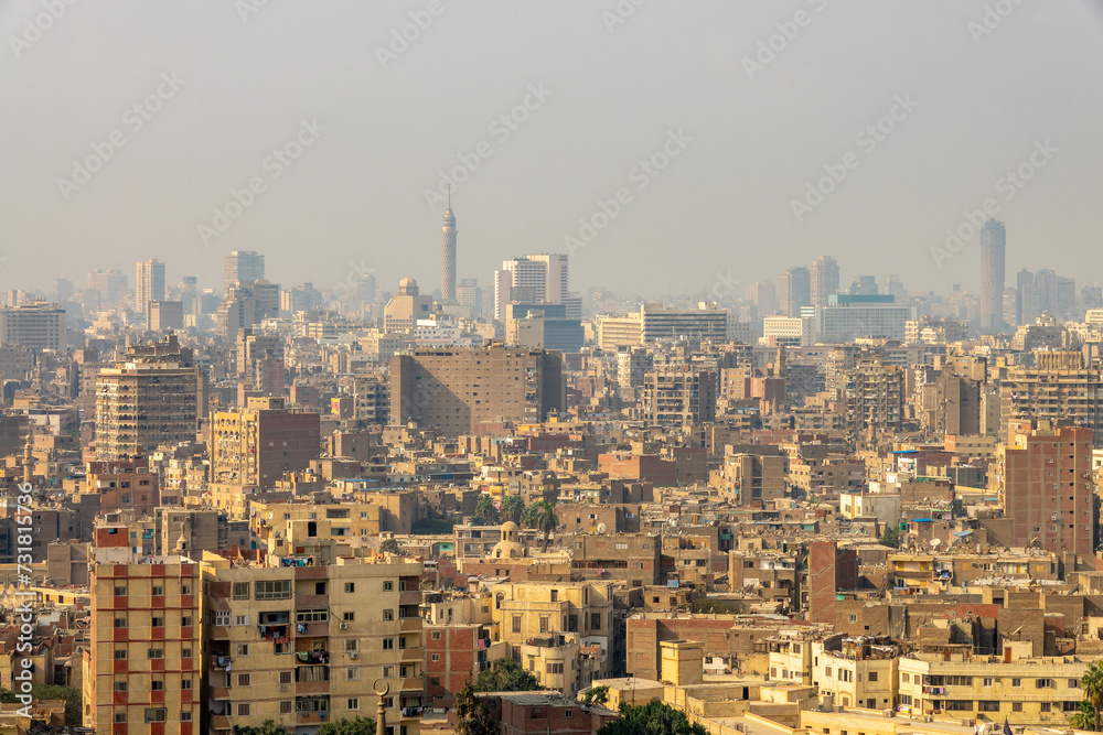 Aerial view of Cairo tower and buildings from Saladin citadel in Cairo, Egypt