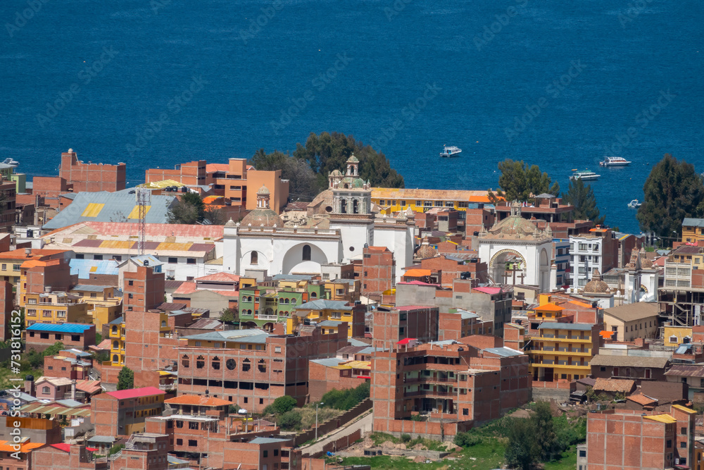 The village of Copacabana wuth the Basilica of Our Lady of Copacabana in its center,  Titicaca Lake, Bolivia