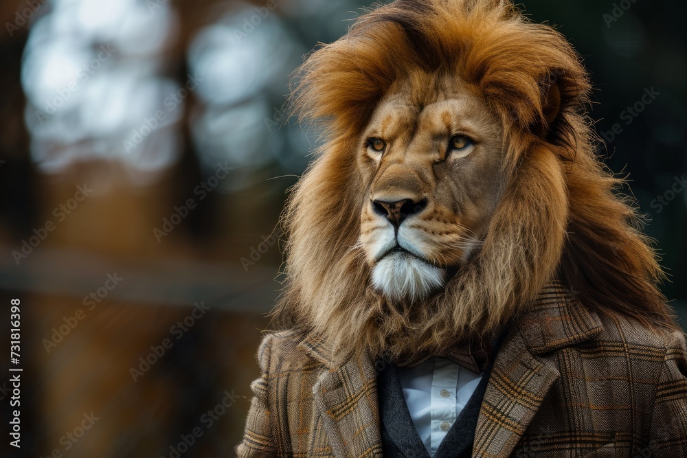 Cool Looking Lion In Fashionable Clothes On. Сoncept Urban Street, Abstract Graffiti Background, Hipster Lion, Fashionable Street Style