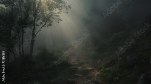  beauty of a misty morning hike, as sunlight breaks through the fog to illuminate the trail ahead, creating an atmosphere of mystery and intrigue 