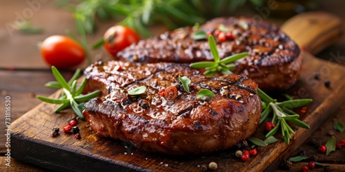 Delectable Grilled Pork Steaks Adorned With Spices On Rustic Wooden Surface, Ideal For Text. Сoncept Soothing Spa Retreat, Mindful Meditation, Energizing Yoga Flow, Healthy Cooking Classes