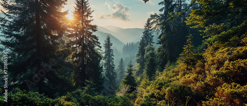 A lush alpine forest with sunbeams and a mountain backdrop