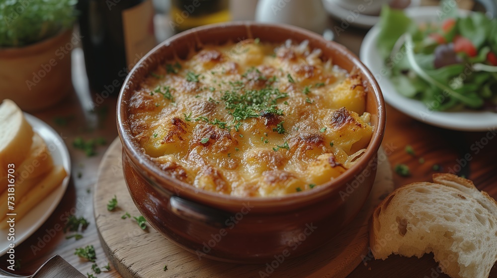 close-up view of a delicious, golden-brown cheese casserole in a clay dish, accompanied by fresh salad and crusty bread.