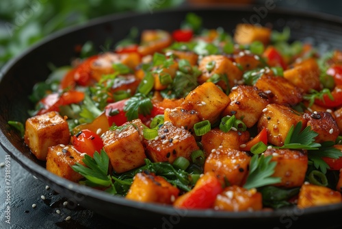 close-up shot of a flavorful tofu stir-fry, richly seasoned with herbs and chili peppers, presented in a rustic cast iron skillet.