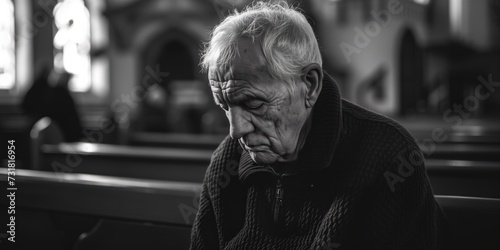 Elderly Man Mourns In Church, Seeking Solace And Comfort. Сoncept Garden Meditation, Sunset Reflections, Nature Walk, Beach Relaxation