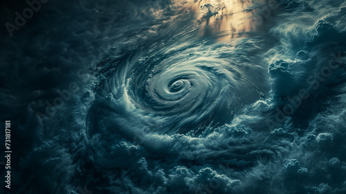 Dramatic aerial view of a large oceanic cyclone with swirling clouds and sunlight piercing through, perfect for natural disaster concepts and environmental backgrounds