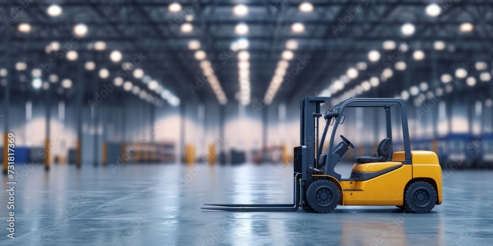 Forklift Truck In Warehouse With Industrial Backdrop And Space For Text. Сoncept Warehouse Operations, Industrial Equipment, Forklift Safety, Warehouse Efficiency, Stock Management