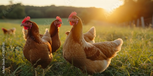 Flock Of Hens Basking In The Soft Glow Of Sunset. Сoncept Nature's Beauty, Serene Landscapes, Wildlife Encounters, Capturing The Moment, Tranquil Reflections © Anastasiia