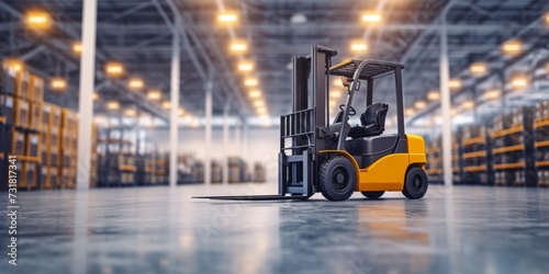 Forklift Truck In Warehouse With Industrial Backdrop And Space For Text. Сoncept Warehouse Operations, Forklift Truck, Industrial Background, Workplace Setting, Text Space