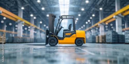 Forklift Truck In Warehouse With Industrial Backdrop And Space For Text. Сoncept Industrial Warehouse, Forklift Truck, Text Space, Industrial Backdrop, Warehouse Setting