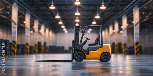 Forklift Truck In Warehouse With Industrial Backdrop And Space For Text. Сoncept Industrial Warehouse, Forklift Truck, Industrial Backdrop, Space For Text photo