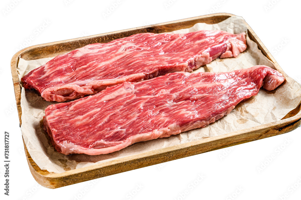 Raw beef steak, flank. Marble beef.  Isolated, Transparent background.