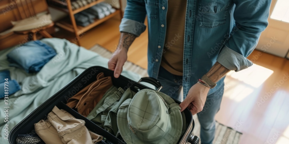 Man Packing Clothes In Suitcase For Travel, Focusing On Organization And Preparation. Сoncept Packing Tips, Travel Organization, Suitcase Essentials, Travel Preparation, Efficient Packing Man Packing Clothes In Suitcase For Travel, Focusing On Organization And Preparation. Сoncept Packing Tips, Travel Organization, Suitcase Essentials, Travel Preparation, Efficient Packing