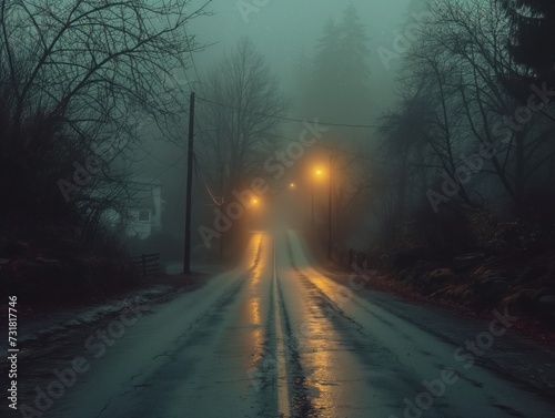 wet city street in night fog