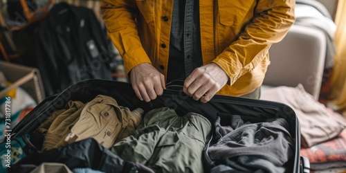 Man Packing Clothes In Suitcase For Travel  Focusing On Organization And Preparation.   oncept Packing Tips  Travel Essentials  Organization Hacks  Efficient Suitcase  Preparation Checklist