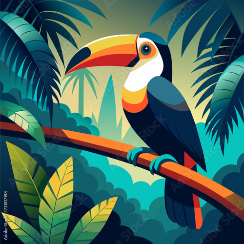 Tropical background with toucan and palm leaves. Vector illustration